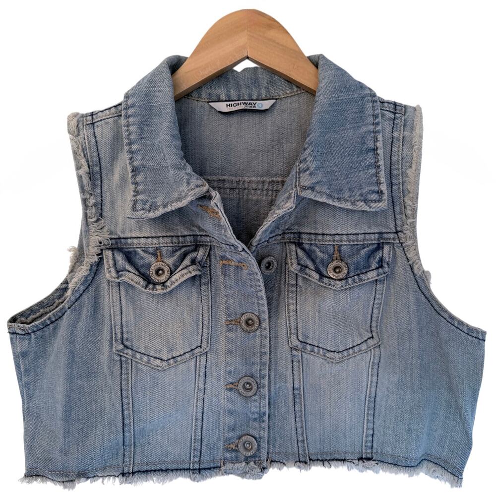 Highway Jeans Denim Vest Womens Small Blue Cropped Button Front Raw Hem